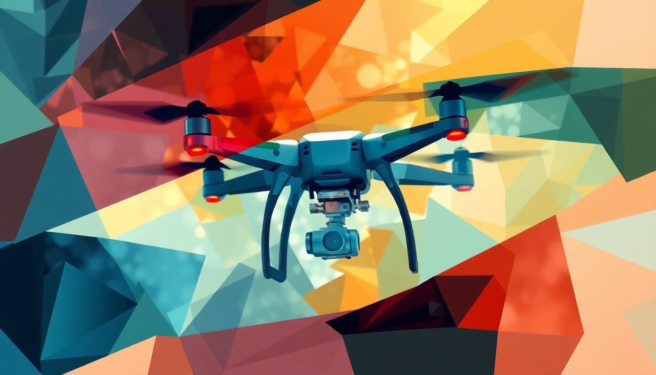 A dynamic, abstract painting featuring a fractured, geometric representation of a drone, conveying the sense of uncertainty and escalating tensions surrounding the use of such technology.