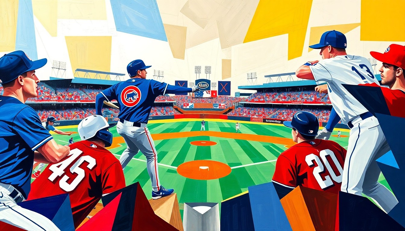 A fragmented, geometric painting depicting the motion and intensity of a baseball game, with players' forms broken down into abstract shapes and planes of vibrant colors.