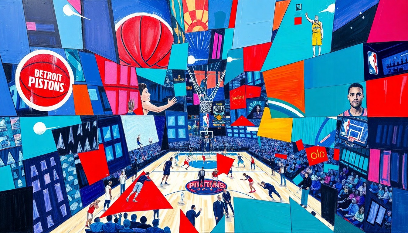 A cubist, geometric painting depicting a basketball game between the Detroit Pistons and Charlotte Hornets, with the players and court broken down into sharp, overlapping planes of vibrant blue, red, teal, and purple.