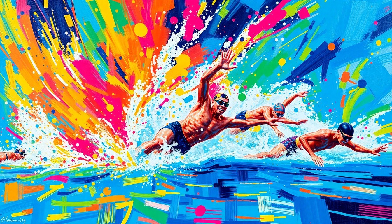 An abstract, expressionist painting in vibrant neon colors depicting the fluid movements and energy of swimmers in an outdoor pool, with the water and swimmers dissolving into unrecognizable splatters of color.