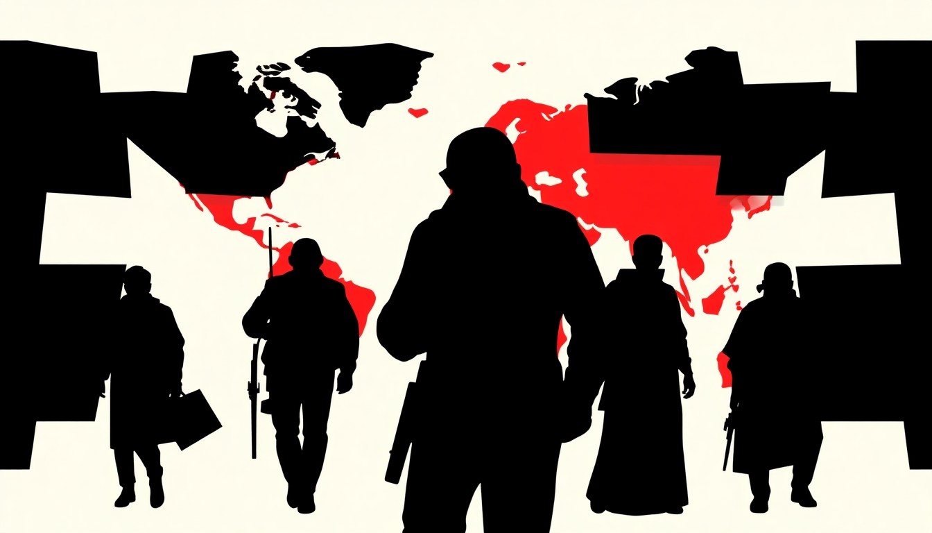 An abstract, minimalist illustration featuring bold, jagged geometric shapes in striking red and white, conceptually representing the international success and cultural impact of the Dhurandhar 2 film.