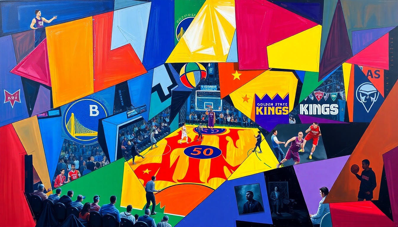 A cubist, geometric painting depicting the intense action and competitive spirit of a basketball game, with sharp, overlapping planes of the Warriors' blue and gold colors and the Kings' purple and white hues.