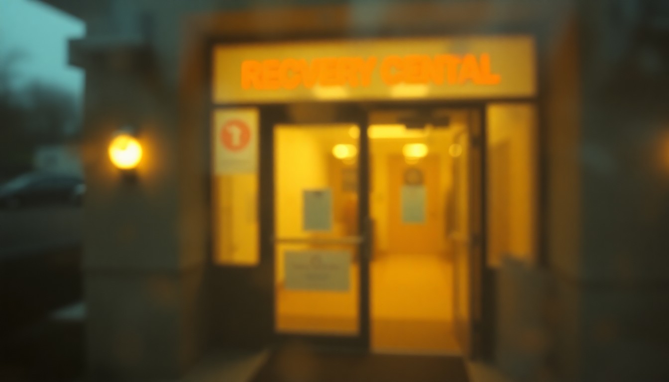 An abstract, out-of-focus image of a blurred, warm-toned scene of a recovery center entrance, conveying a sense of mystery and concern around the missing person.