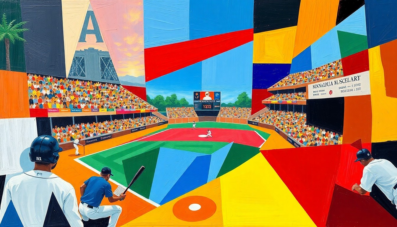 A fragmented, geometric painting depicting the dynamic movements and energy of a high school baseball game, with sharp planes of red, blue, and yellow intersecting to create a sense of motion and competition.