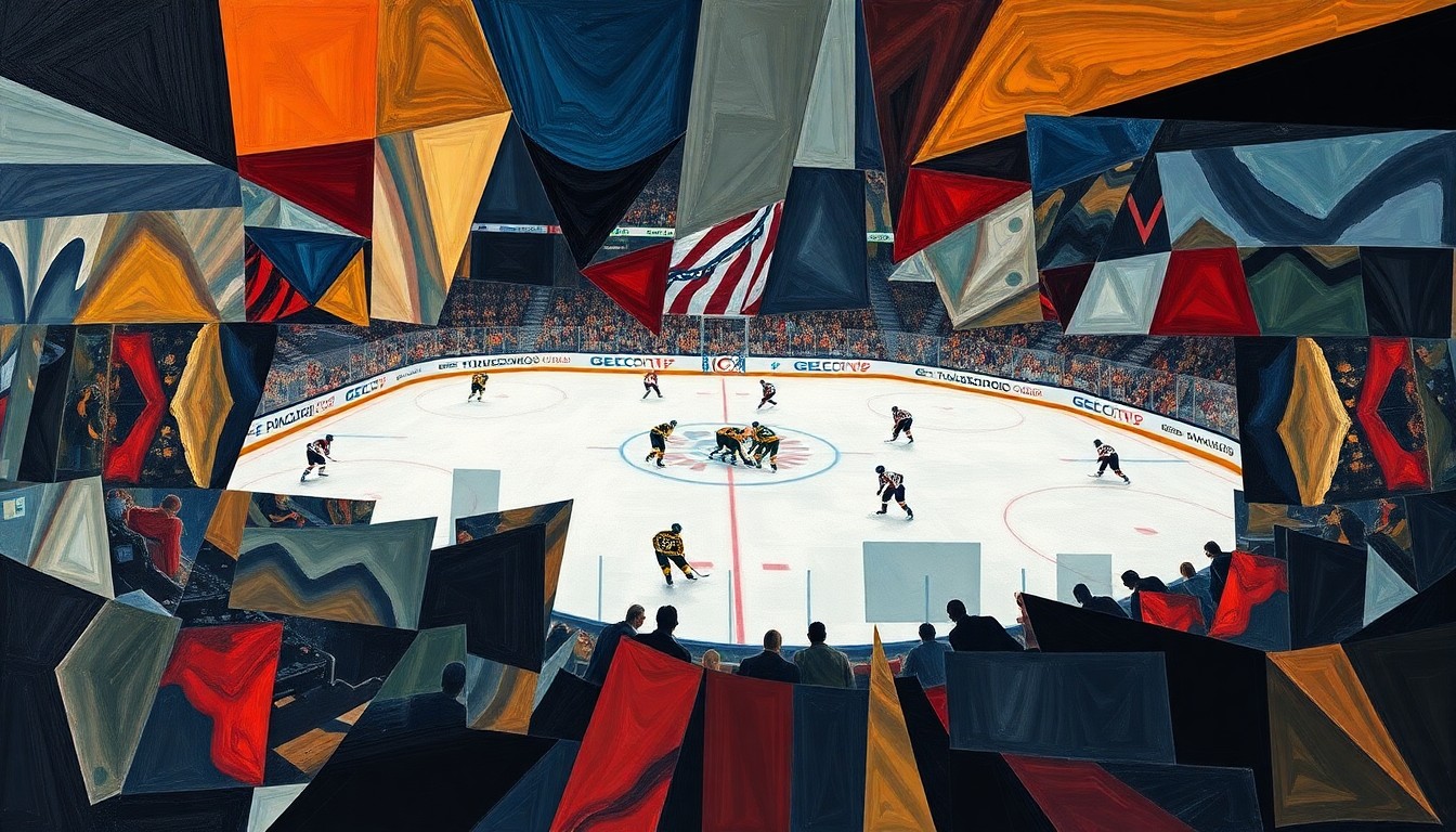 A cubist, geometric painting depicting a fractured, multi-perspective view of a hockey game or match, with sharp, overlapping planes of color and form representing the strategic shifts and roster changes the New York Rangers are undertaking.