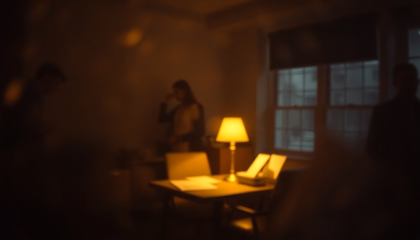 An extremely blurred, atmospheric photograph of a dimly lit newsroom scene, with a lone desk lamp casting a warm, hazy glow and soft pools of light, conceptually representing the career and impact of longtime AP reporter Bill Mann.