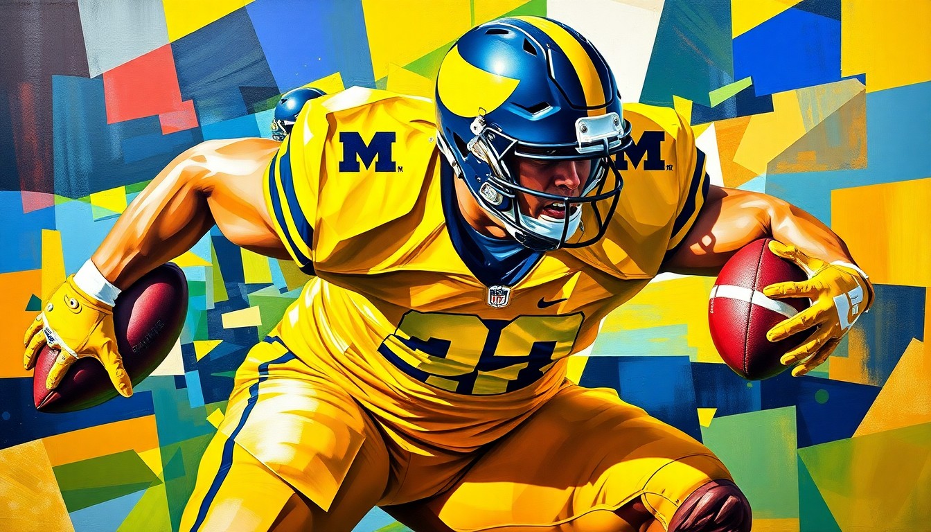 A cubist, geometric painting depicting a college football defensive lineman in action, with sharp, overlapping planes of the Michigan Wolverines' official team colors of blue and maize.