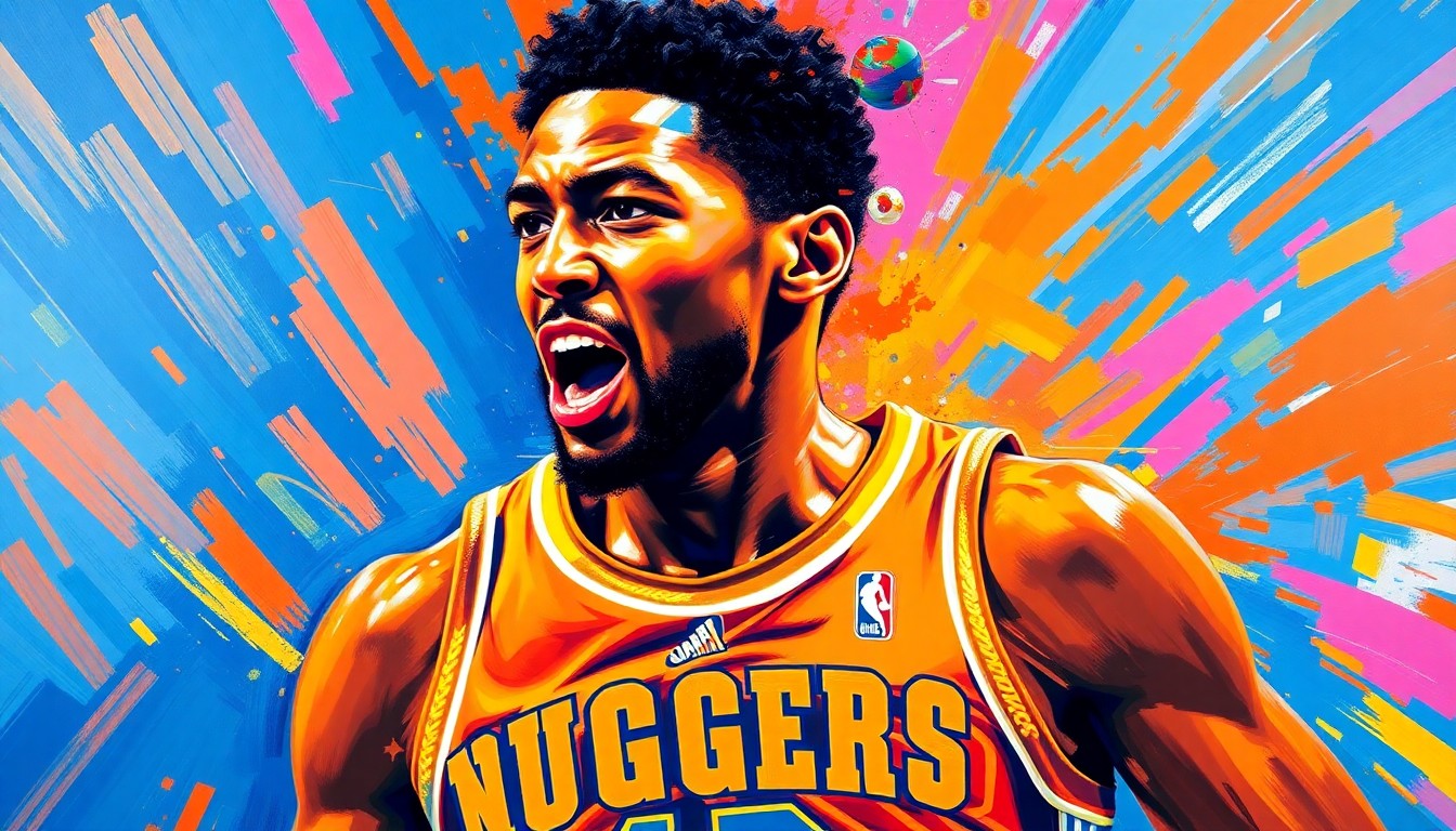 An abstract, expressionist painting in vibrant neon colors, capturing the raw energy and athleticism of a basketball player in motion, with their face and jersey dissolving into a blur of movement.