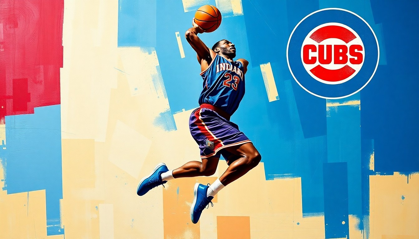 A cubist-style painting depicting a basketball player in mid-jump, their form broken down into sharp, overlapping geometric planes in the colors of the Indiana Fever and Chicago Cubs. The image captures the intersection of sports and food culture in a visually striking and conceptual manner.
