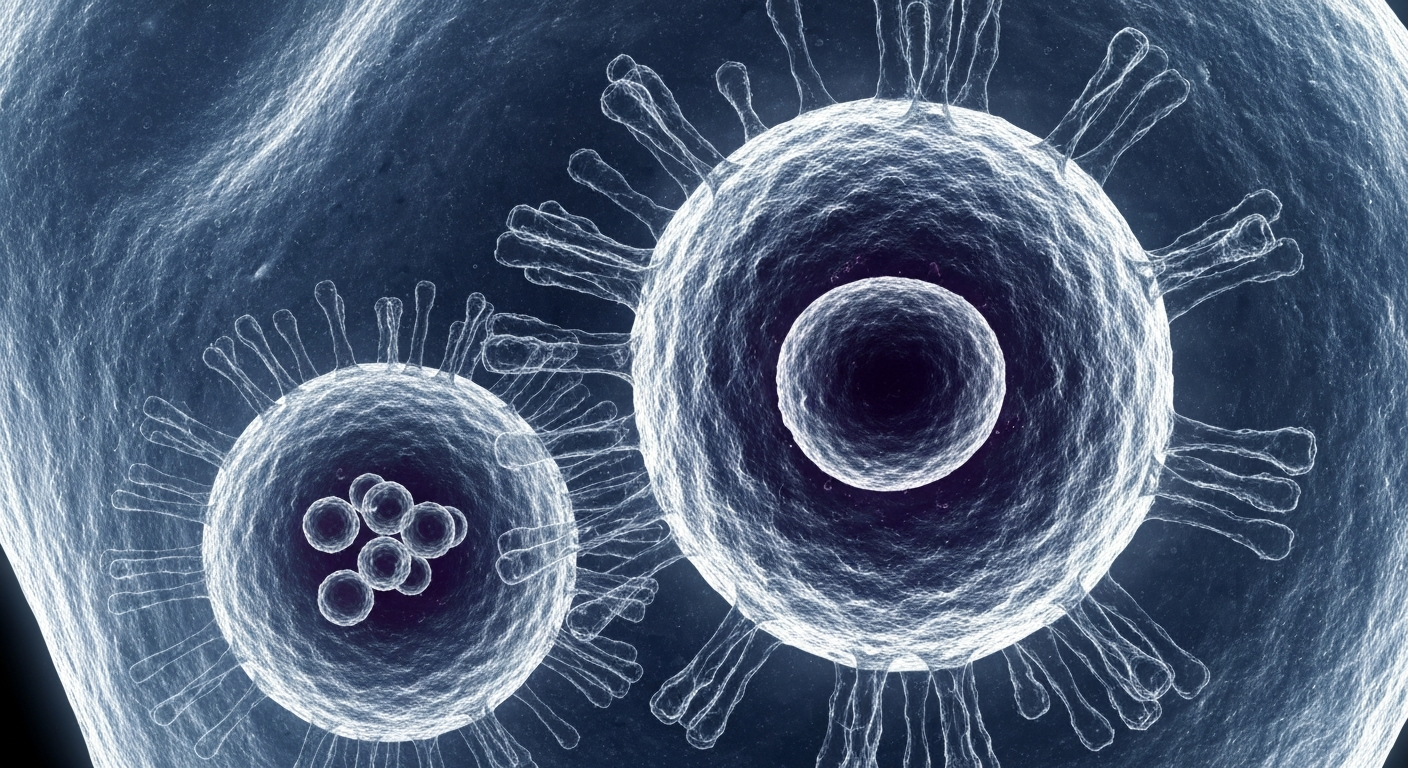 A translucent, ghostly X-ray image showing the detailed internal structure of a herpes virus particle interacting with the softened nucleus of a host cell, illustrating the breakthrough discovery of how the virus remodels the cell's biomechanics.