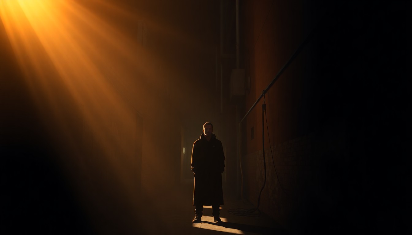 A solitary, dimly lit figure standing in a shadowy urban alleyway, bathed in warm, diagonal sunlight, conceptually representing the search for spiritual truth and freedom amidst the chaos of the modern world.