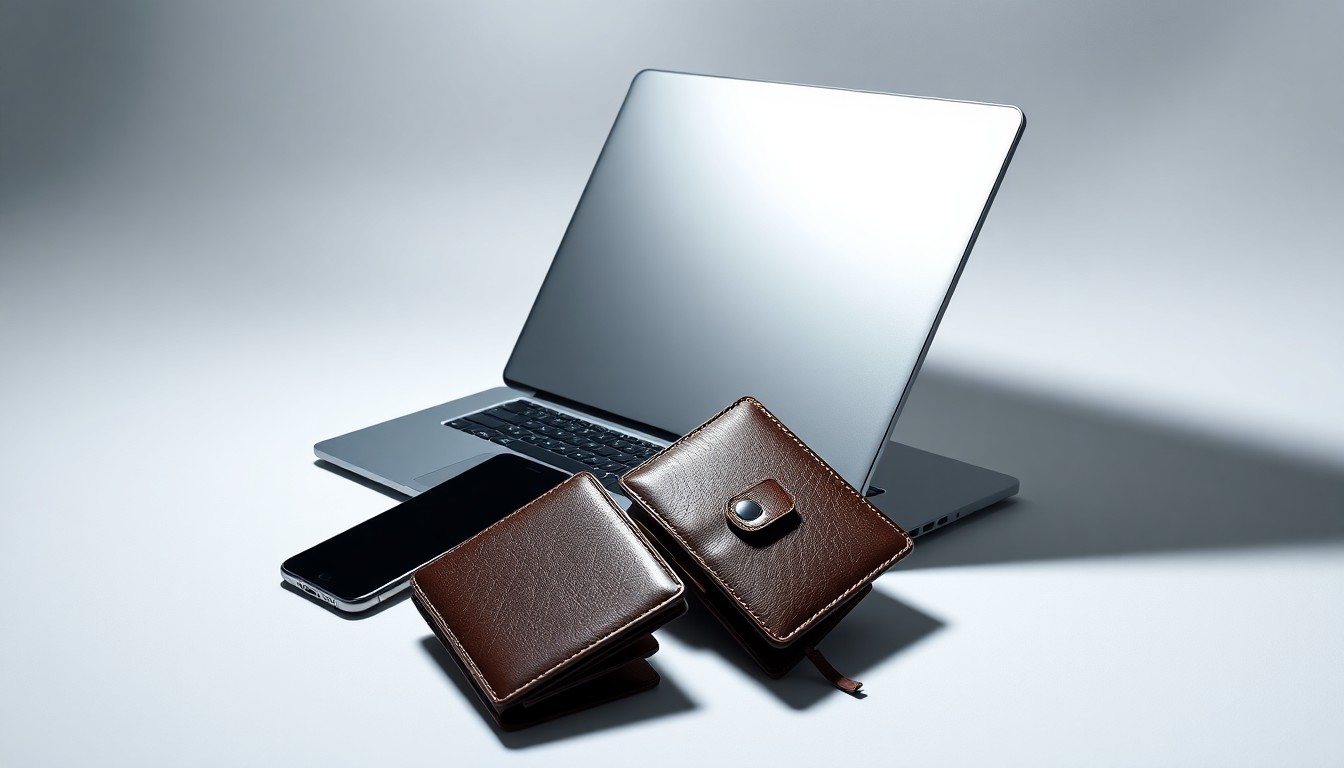 A photorealistic studio still life featuring a laptop, smartphone, and leather wallet arranged elegantly on a clean, monochromatic background, conveying the abstract concepts of corporate strategy and market trends in the e-commerce fashion industry.
