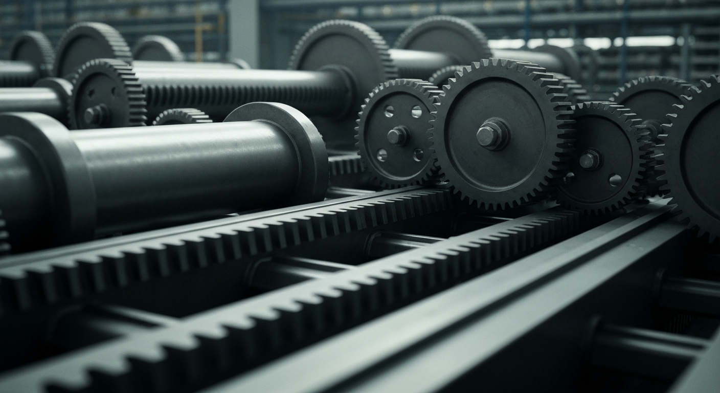 An extreme close-up of the heavy, industrial machinery and mechanisms that power Sysco's vast food distribution network, conveying a sense of the company's operational scale and importance to the foodservice industry.