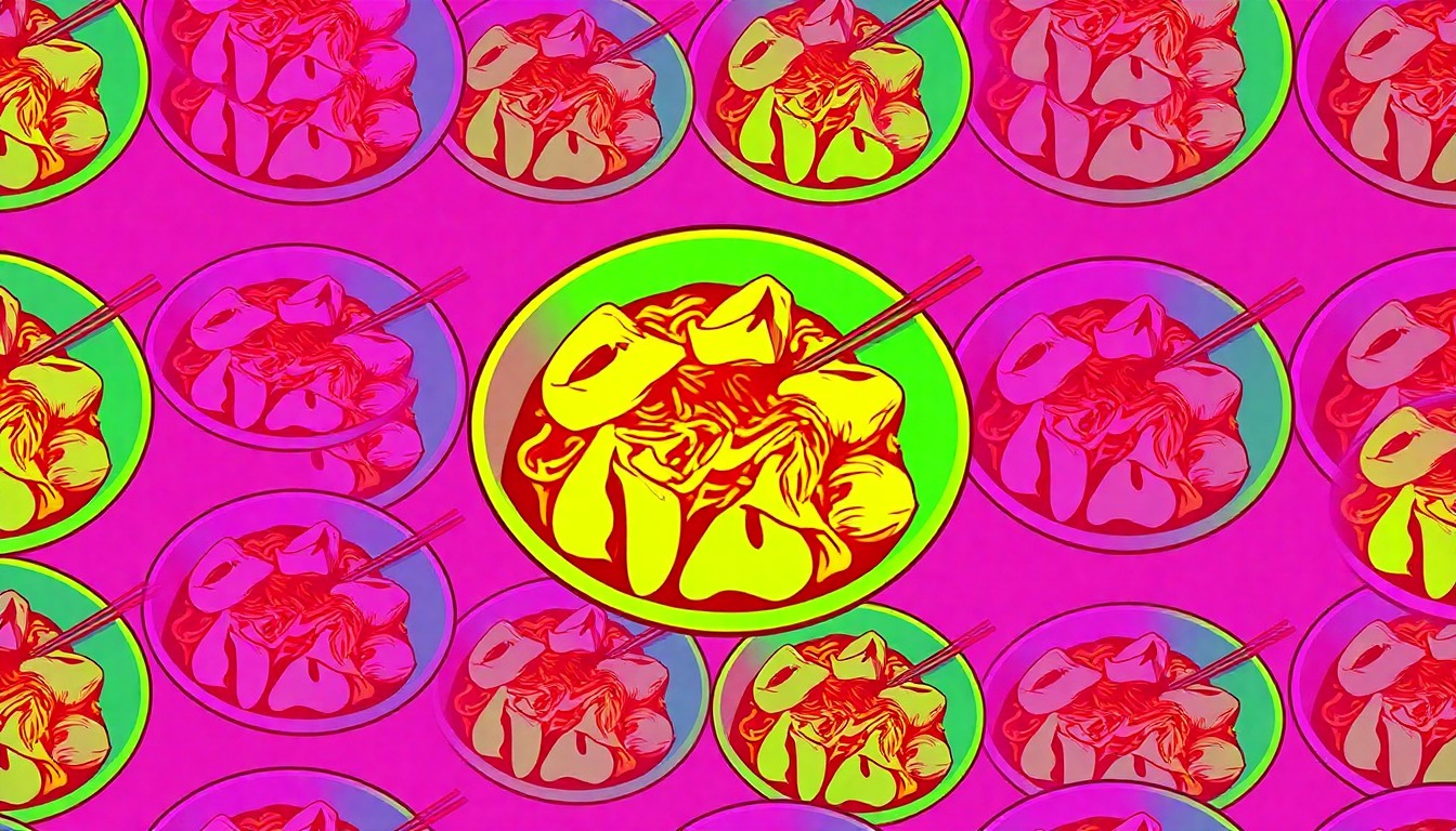 A high-contrast, silkscreen-style illustration of a plate of Chinese dumplings repeated in a grid, rendered in a bold, neon color palette that evokes the energy and nostalgia of the now-closed Imperial Chinese restaurant.