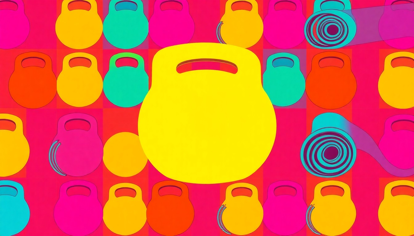 A bold, colorful grid of silkscreened fitness equipment in neon shades of blue, green, and pink, conceptually representing the energy and community of the memorial fitness event.