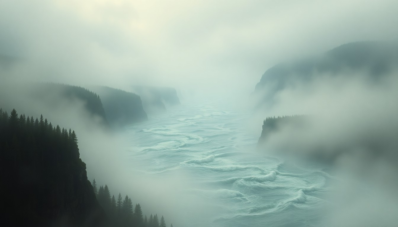A sweeping, atmospheric landscape painting in muted blues and greys, depicting a flooded river valley obscured by heavy fog. The raging waters overwhelm and obscure any visible structures or landmarks, conveying the overwhelming power of the natural disaster.