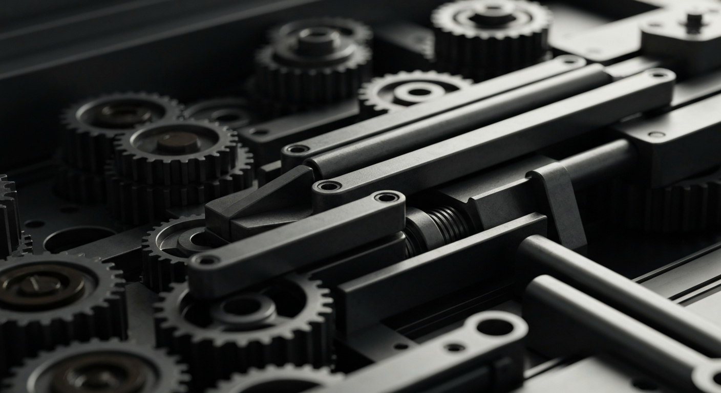 An extreme close-up of industrial machinery and components in muted metallic tones, conveying the complex, high-tech nature of Rockwell Automation's automation solutions.