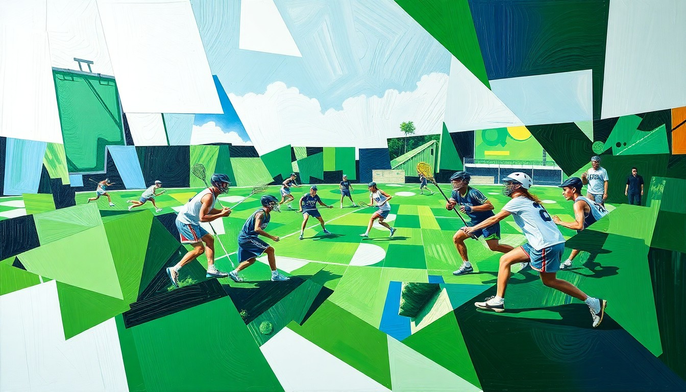 A cubist, geometric painting depicting the intense action and movement of a high school lacrosse game, with sharp planes of color representing the players, field, and equipment.