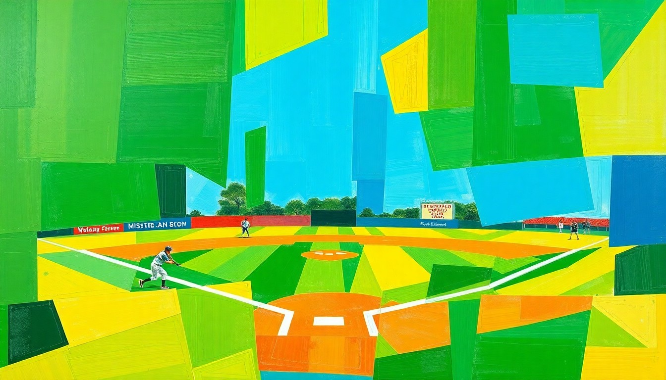A vibrant, cubist-style painting depicting a high school softball game broken down into fragmented geometric shapes and planes of color, conceptually representing the unpredictability and competitive balance of the conference this season.