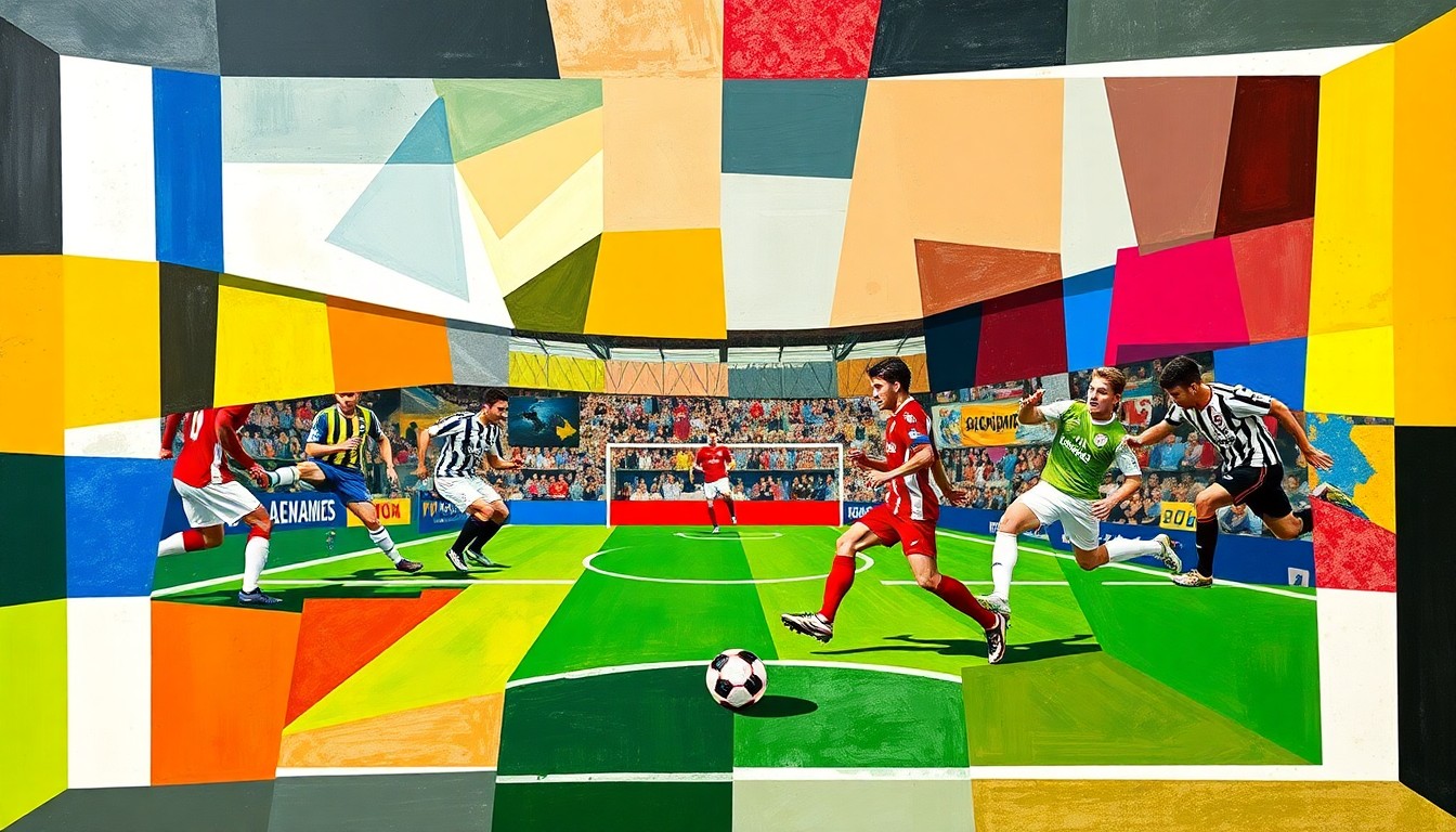 A fractured, cubist-style painting depicting a soccer match, with the players and field broken down into overlapping geometric shapes in the teams' official colors, conveying the complexity of evaluating Rashford's fit at Barcelona.