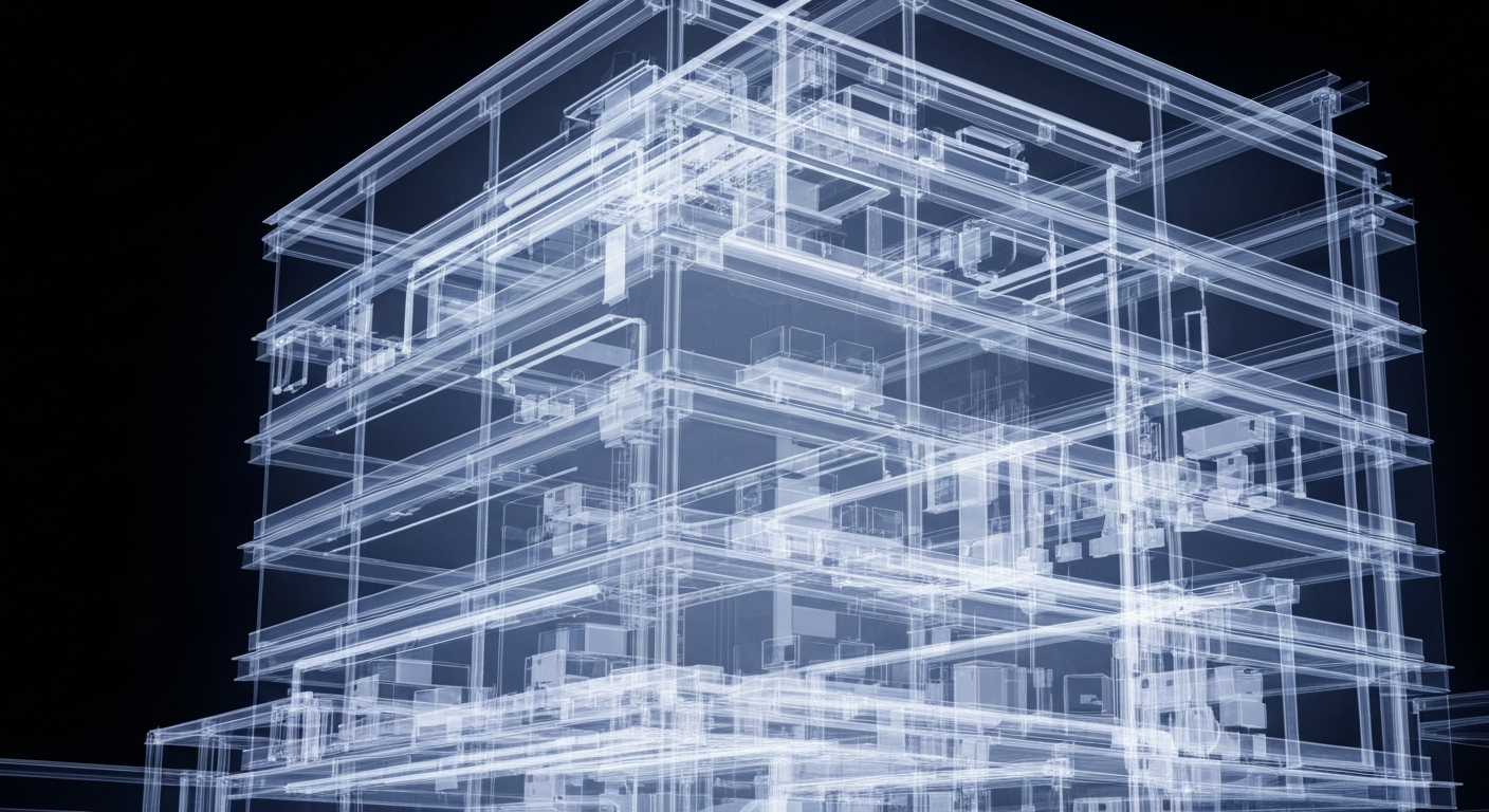 A ghostly, translucent X-ray image revealing the internal structure of a hospital building, with glowing lines representing the complex medical equipment and facilities within, conceptually illustrating the innovative academic health partnership between FSU and Tallahassee Memorial HealthCare.