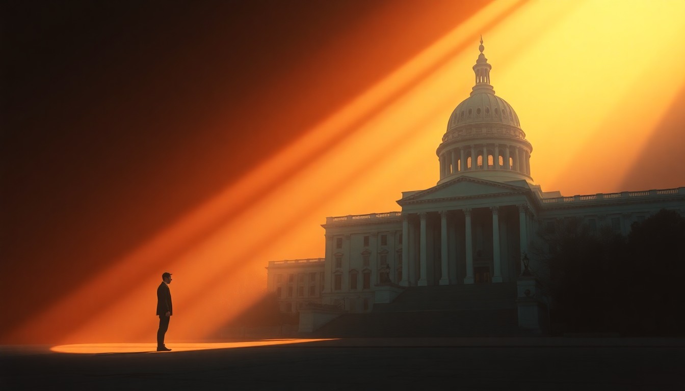 A dimly lit, cinematic painting depicting a solitary government building or political figure, with warm sunlight casting long shadows and creating a sense of quiet contemplation, representing the complex public perception of the administration's economic claims.