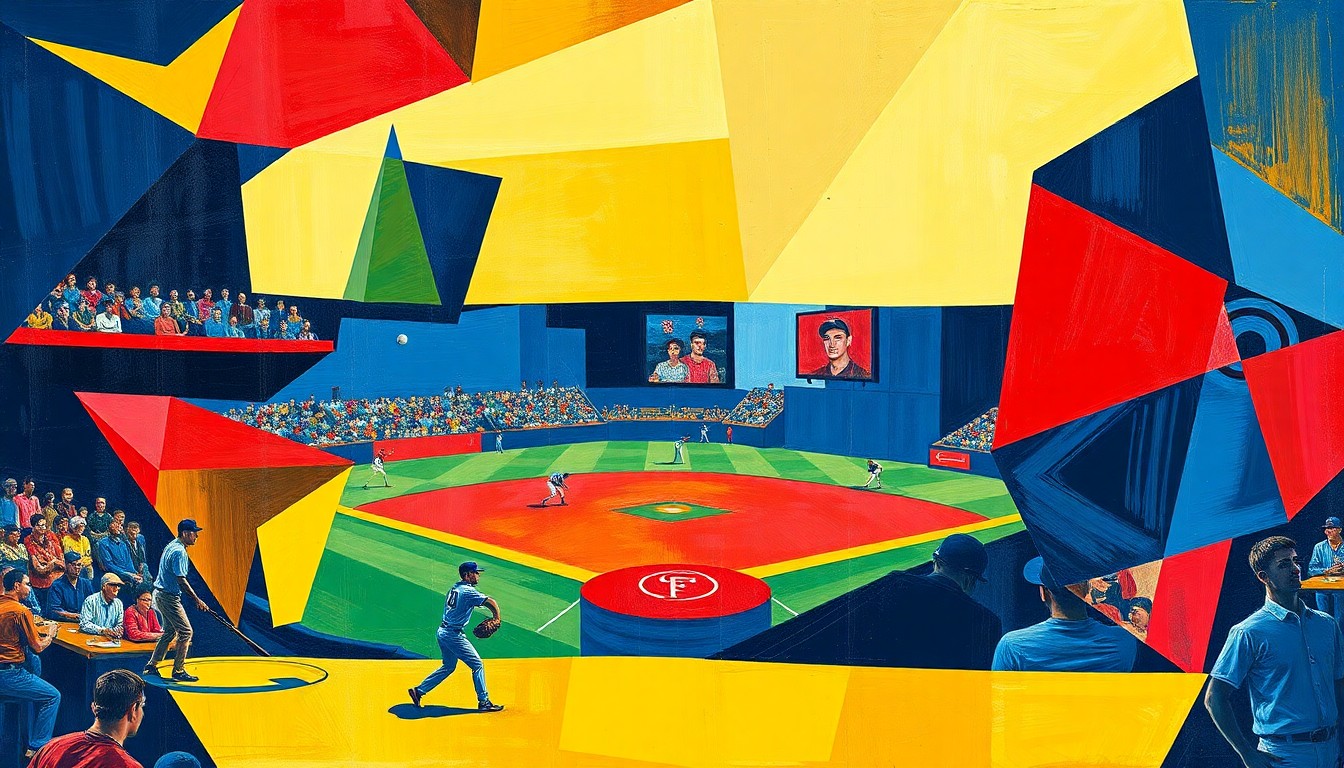 A fragmented, cubist-style painting depicting a baseball game, with players and the field represented as sharp, overlapping geometric shapes in a vibrant color palette, capturing the energy and intensity of the Wichita State vs. Hawaii matchup.