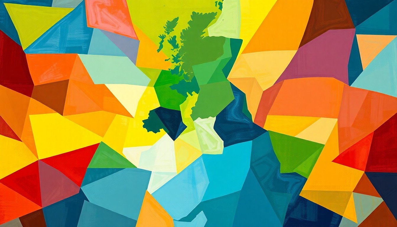 A vibrant, abstract painting with overlapping, fractured geometric shapes in shades of blue, red, and gold, conveying the sense of political upheaval and disintegration within the United Kingdom.