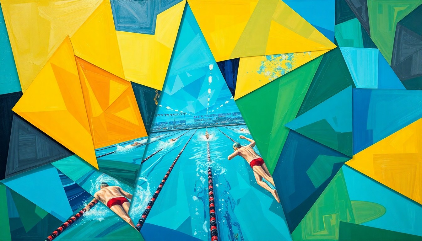 A cubist, geometric painting depicting a fragmented, multi-perspective view of a swimming competition, with sharp, overlapping planes of vibrant colors like azure blue, emerald green, and golden yellow, conceptually representing the strategic shift in Olympic scheduling.