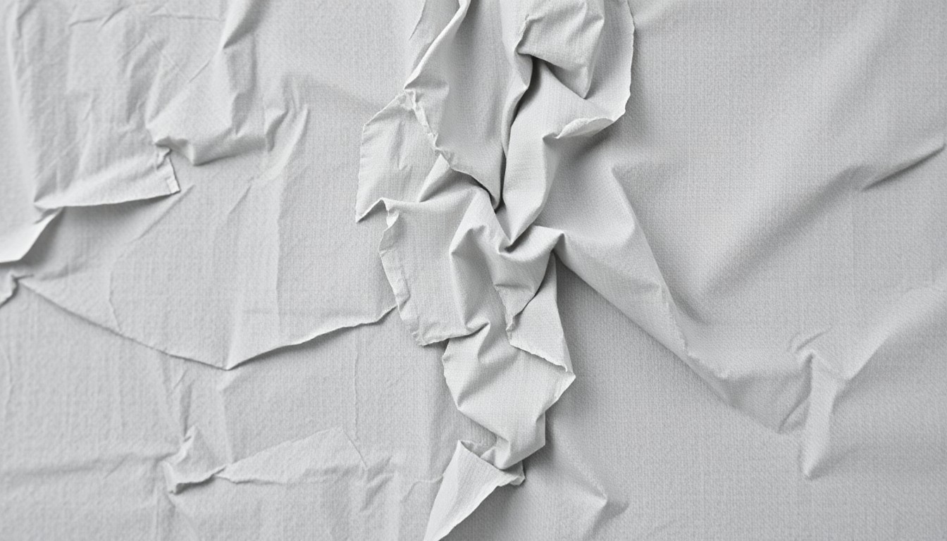 An abstract close-up image of a crumpled, textured canvas in shades of grey and white, conveying the fragility and resilience of the material through dramatic lighting and composition.