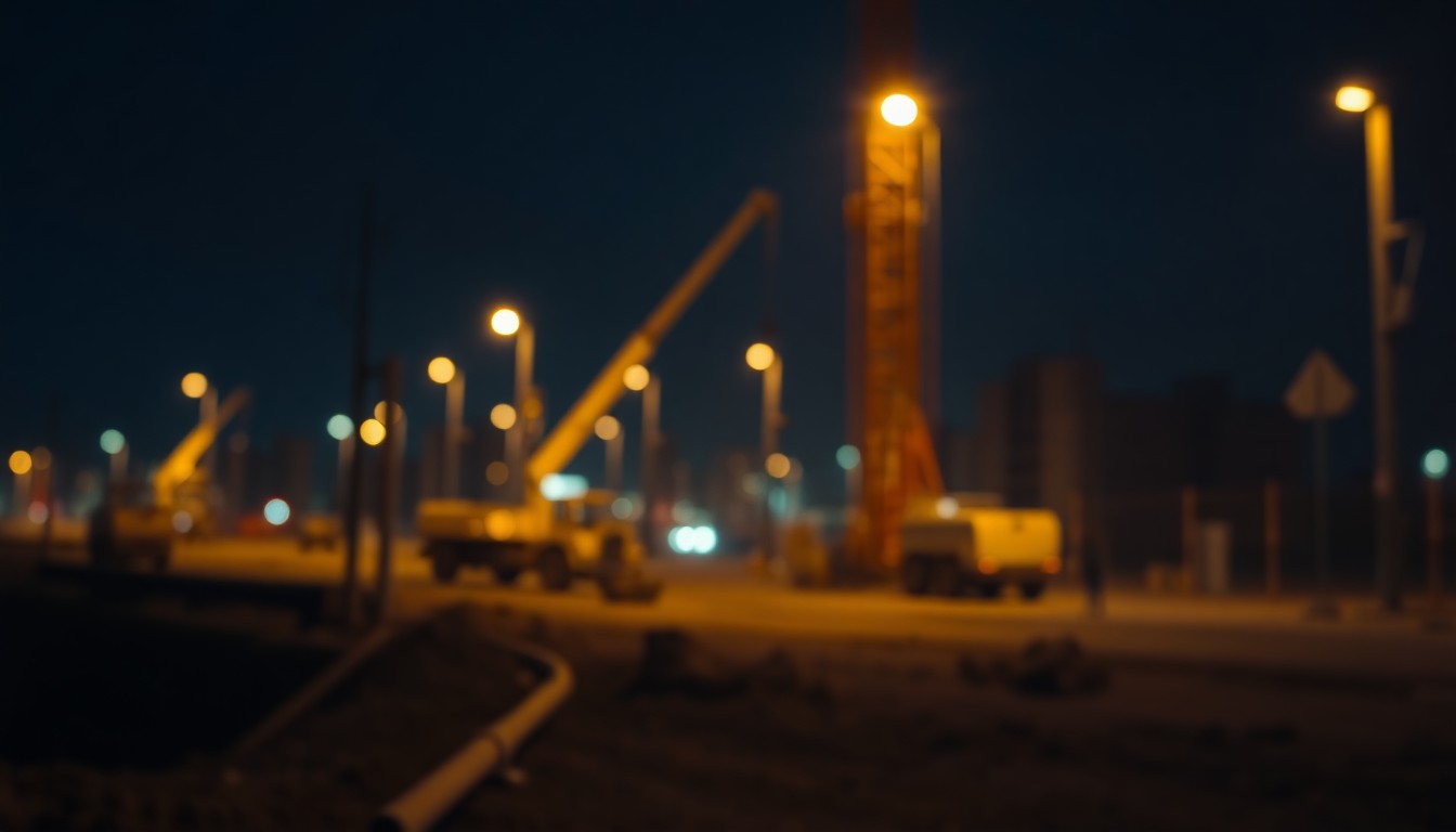 A nighttime construction scene with blurred, abstracted shapes and pools of warm light, conveying the quiet, behind-the-scenes work of utility crews repairing critical infrastructure.