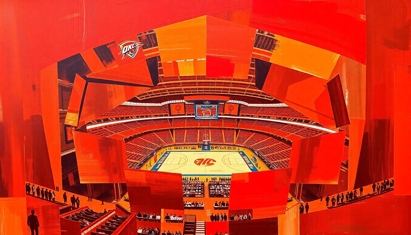 A cubist, geometric painting depicting the angular, overlapping forms of the new Continental Coliseum arena, using a palette of deep red, burnt orange, and earthy brown to capture the structure's bold, ambitious design.