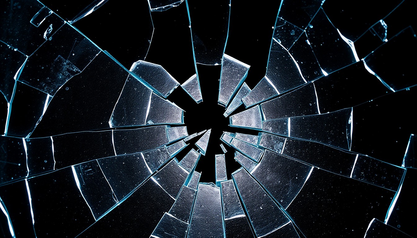 An extreme close-up of a shattered glass texture in high-contrast studio lighting, conceptually representing the fragility and tension of personal and professional relationships in a medical drama.