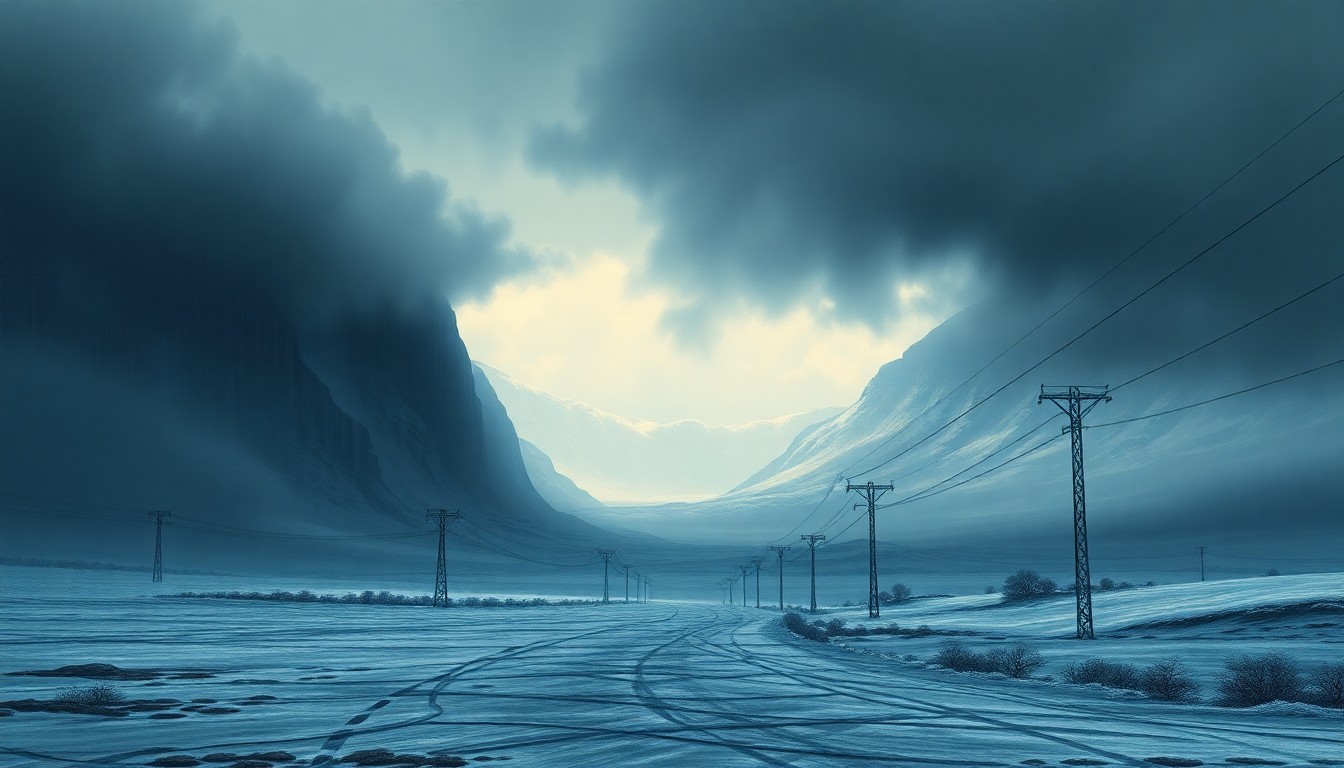 A vast, frozen landscape painting in muted blues and grays, with power lines and other infrastructure barely visible against the overwhelming scale of the weather, conveying the sublime power of the storm.