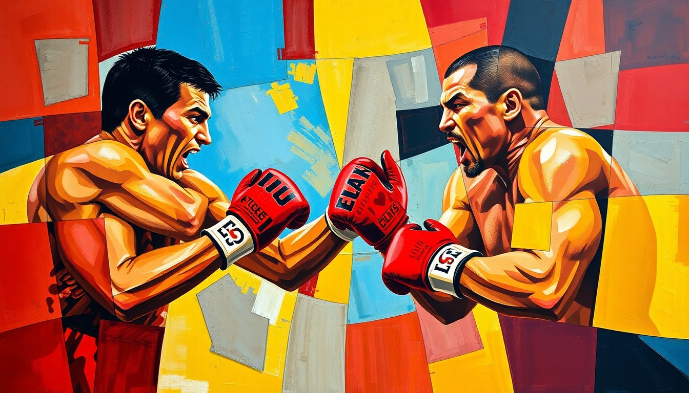 A cubist-style painting depicting a boxing match between two figures, their bodies and movements fragmented and abstracted into sharp geometric shapes and planes in a vibrant color palette of red, blue, and yellow.