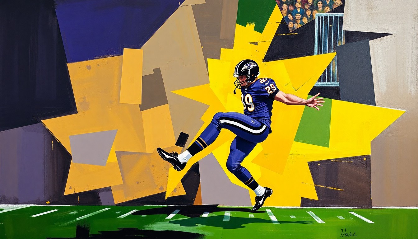 A fractured, cubist-style painting depicting the action of a football punter, with the player's body and the ball broken down into sharp, overlapping geometric shapes in vibrant purple, gold, and black colors.