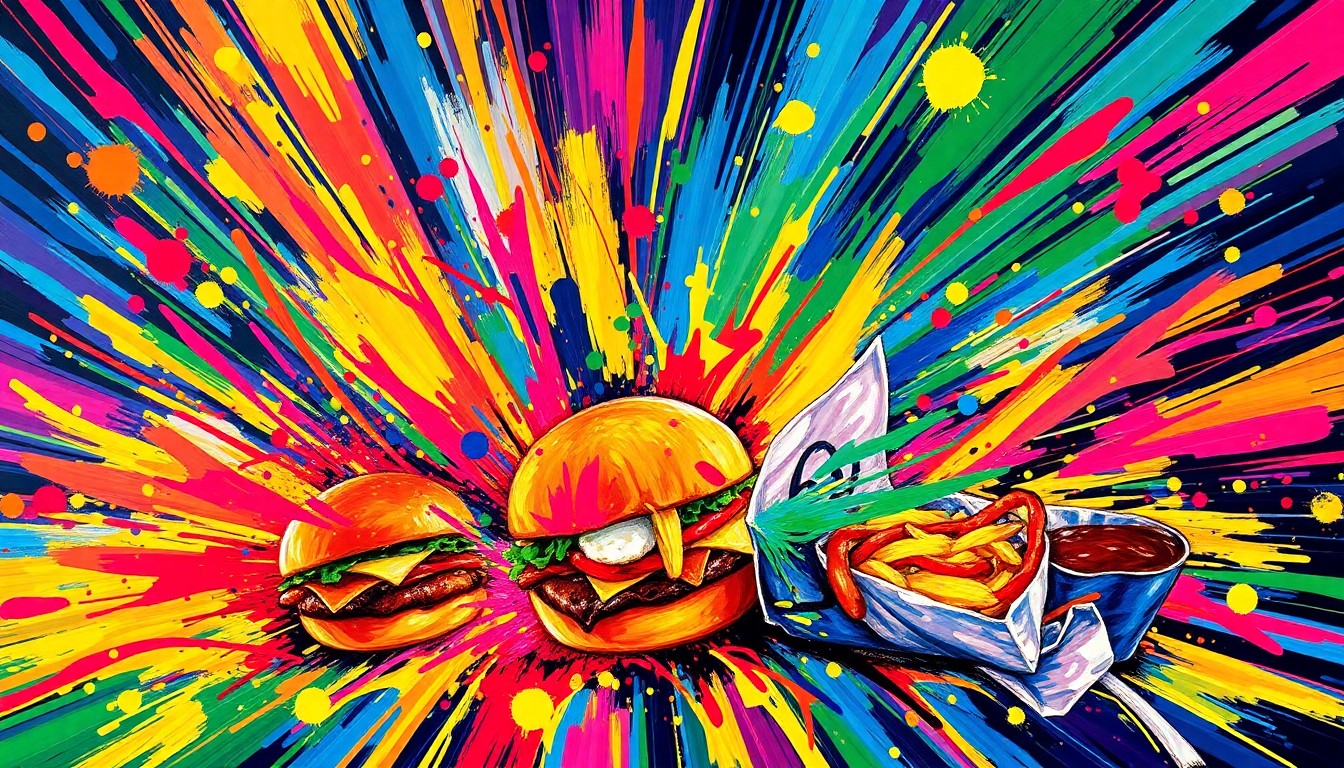An abstract expressionist painting in vibrant neon colors, capturing the energy and excitement of the Akron RubberDucks' extreme food menu, with the various dishes and ingredients blending together in a dynamic, visually striking composition.