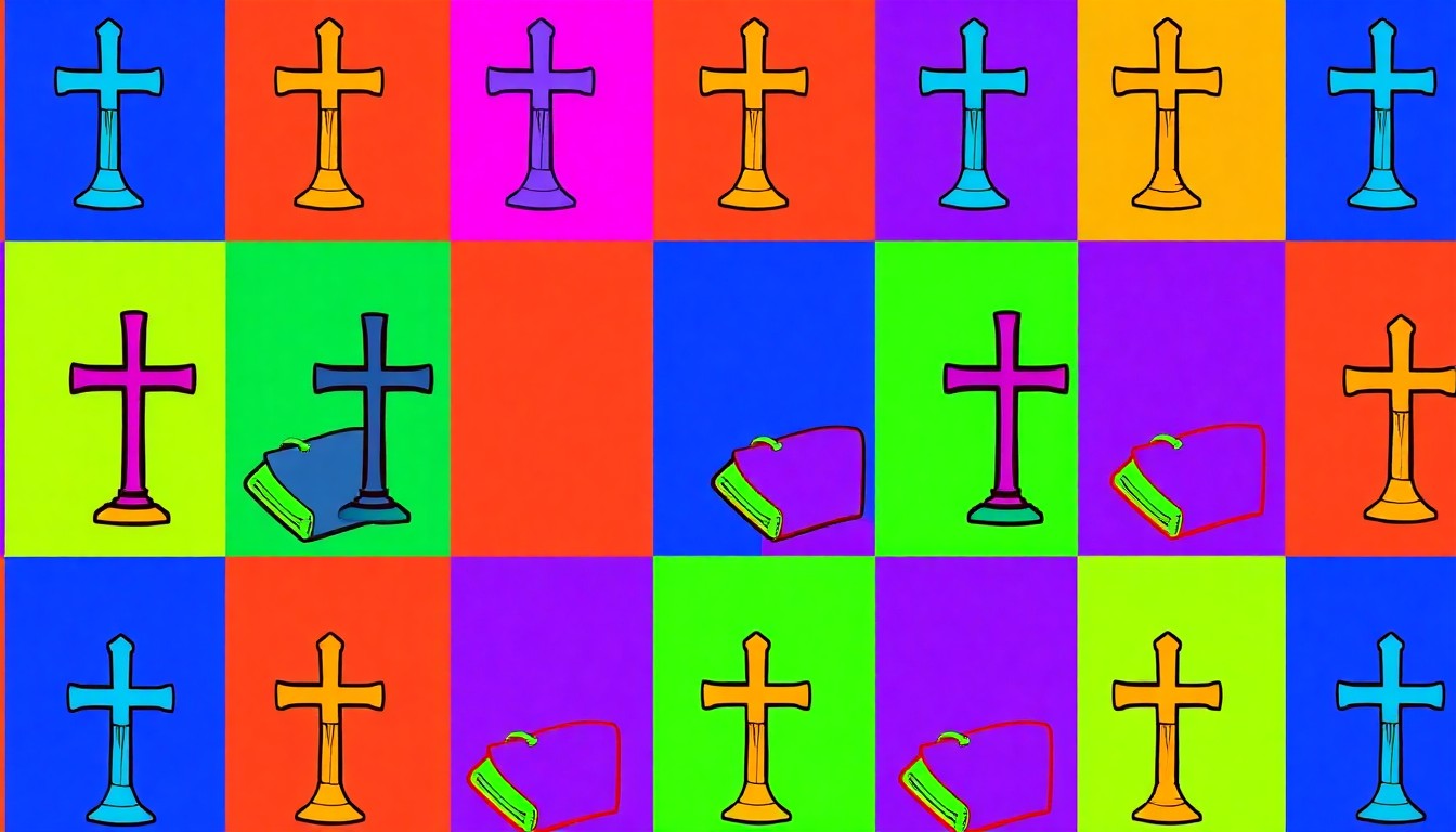 A bold, abstract silkscreen print featuring a repeated religious icon in a grid of neon colors, conceptually representing the growing religious fervor among young people.