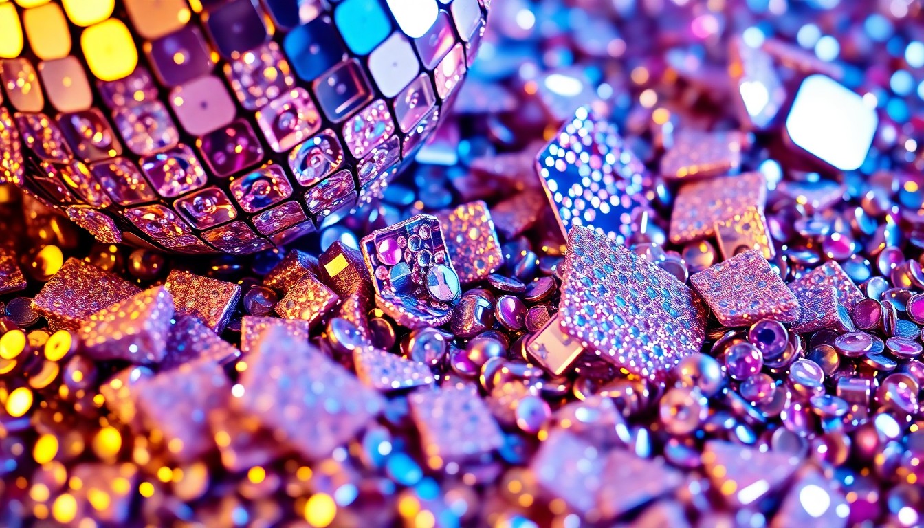 An extreme close-up photograph of shimmering sequins and glittering disco ball fragments, capturing the glamour and celebrity culture of the 1980s and 1990s in a high-contrast, abstract composition.