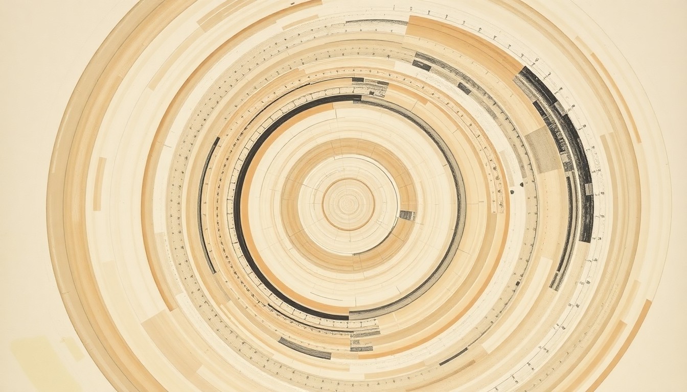 A highly structured abstract painting in soft, earthy tones, featuring sweeping geometric arcs, concentric circles, and precise botanical or physical spirals, conceptually representing the complex web of sustainable material flows in the construction industry.