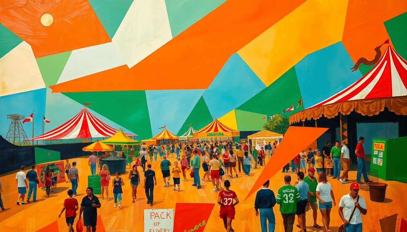 A fragmented, geometric painting in bold colors depicting an abstract scene of a county fair, with figures and objects broken down into angular, overlapping shapes.