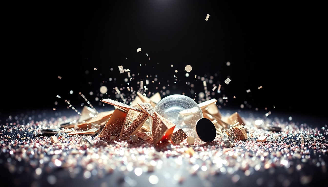An abstract close-up photograph featuring a textured pattern of shimmering sequins and shattered glass, capturing the glamour and excitement of a live music performance.