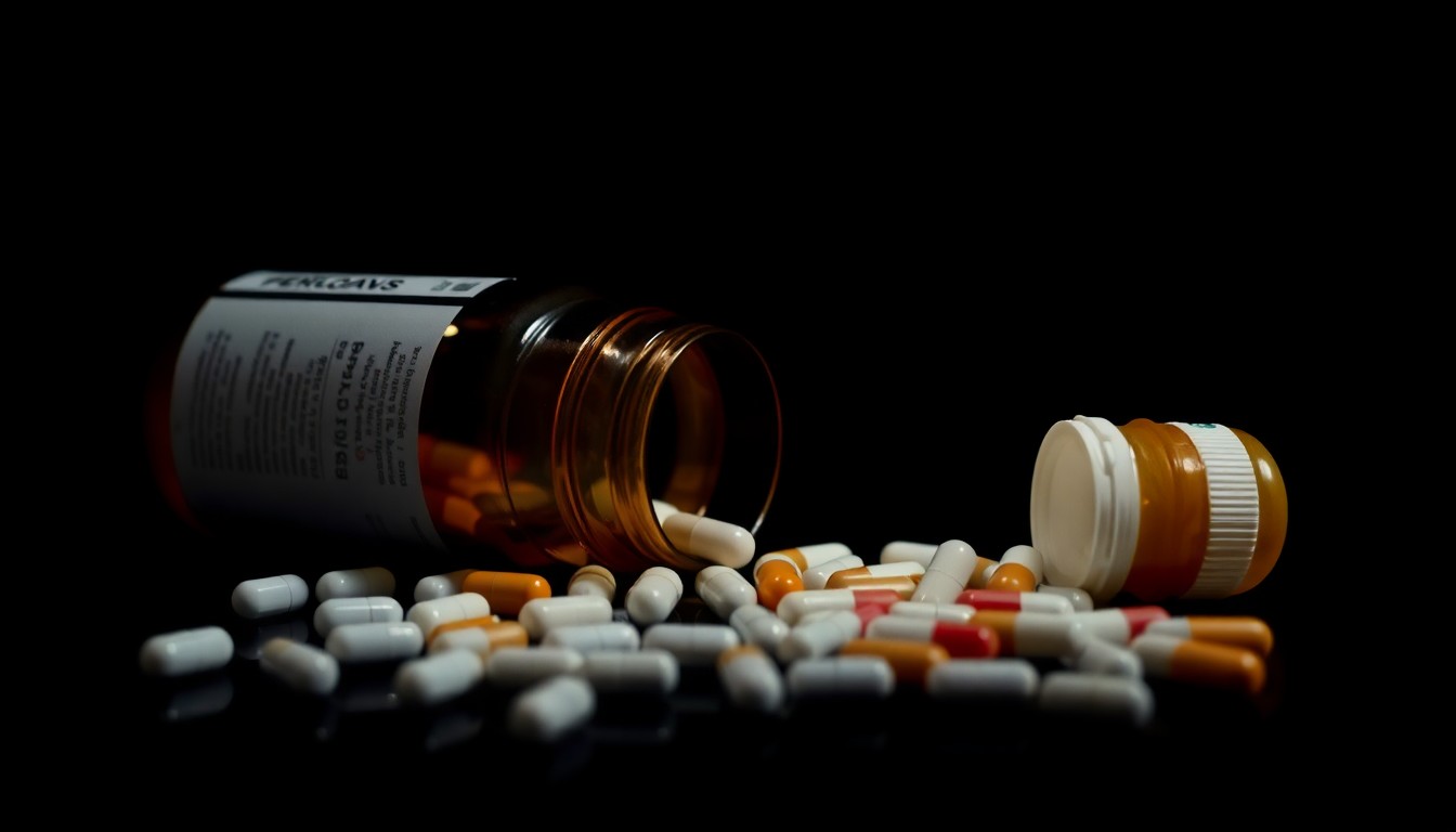 An extreme close-up of a spilled bottle of prescription pills, the harsh lighting and dark background creating a stark, gritty aesthetic that conceptually represents the allegations of medication theft by nurses.