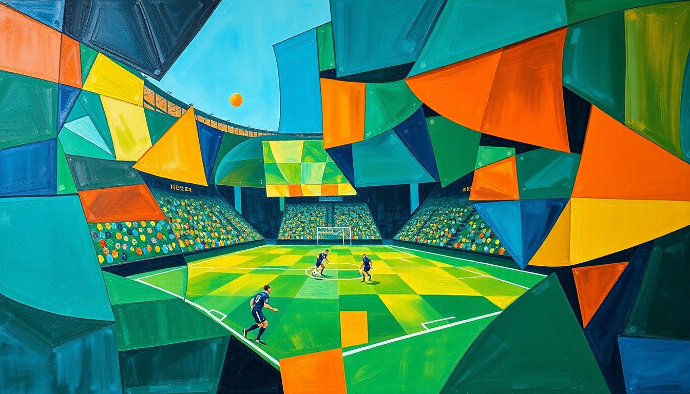 A fractured, geometric painting depicting the action of a soccer match, with players and the field broken down into sharp, overlapping planes of color in a palette of deep blues, emerald greens, and burnt oranges.