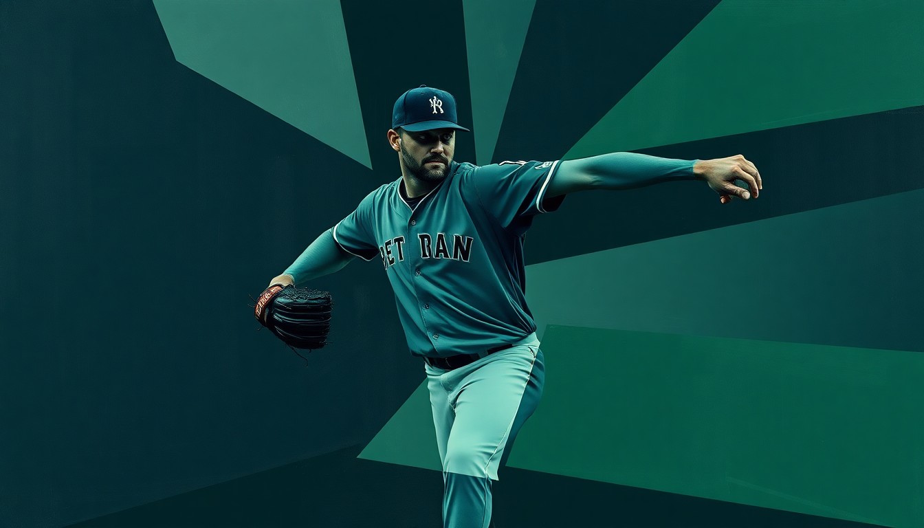 A fractured, cubist-style painting depicting the motion of a baseball pitcher, broken down into sharp, overlapping geometric shapes in muted tones, conceptually representing the complexities of roster decisions in major league baseball.