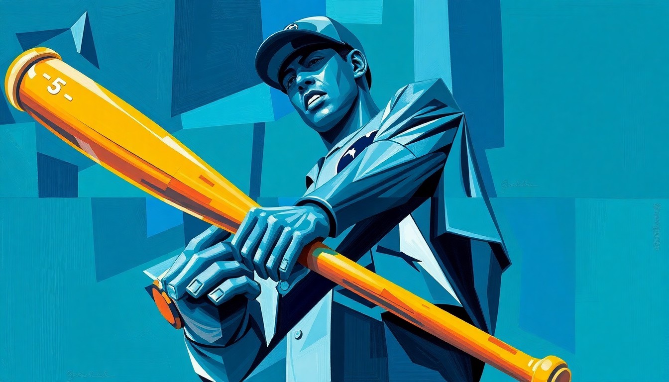 A cubist, geometric painting depicting the Ichiro Suzuki statue in a fractured, multi-angled perspective, with the player's bat shown broken and veering off to the side, conveying a sense of disappointment and disruption to the celebratory occasion.
