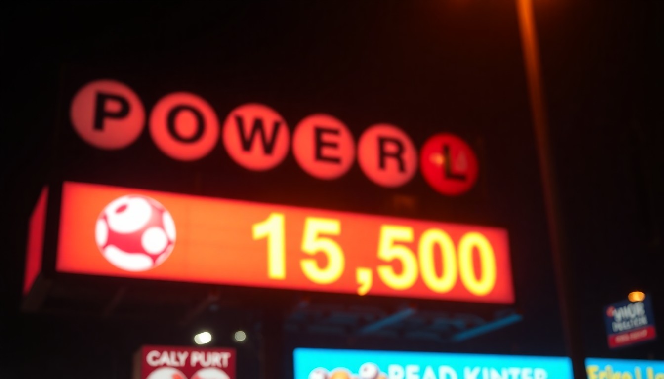 An extremely abstracted, out-of-focus photograph of a Powerball lottery billboard at night, with the jackpot amount visible in a warm, hazy glow of light and color, conceptually representing the excitement and anticipation surrounding the lottery game.