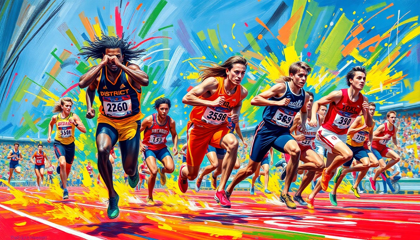 An abstract expressionist painting in neon colors, with rapid brushstrokes depicting the dynamic movements of high school track and field athletes competing in various events.