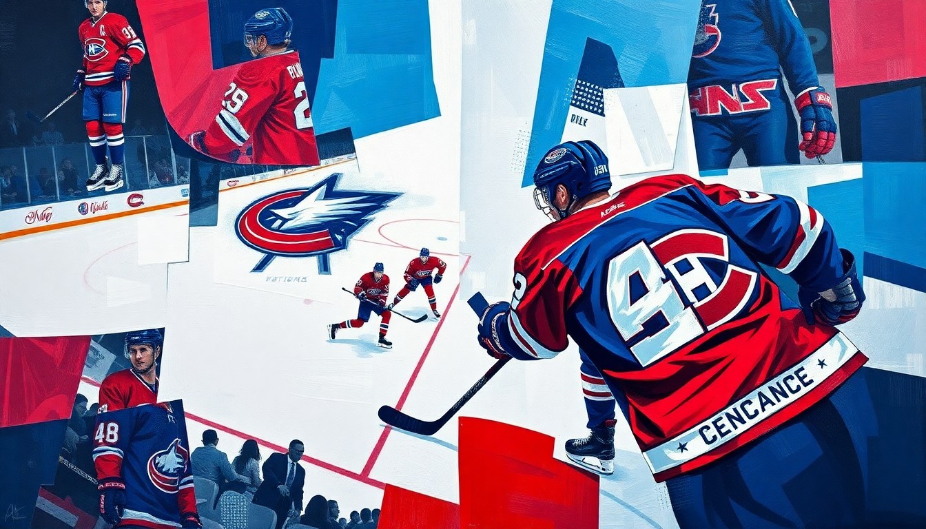 A cubist, geometric painting depicting a hockey game between the Columbus Blue Jackets and Montreal Canadiens, with the players and action broken down into sharp, overlapping planes of blue, red, and white.