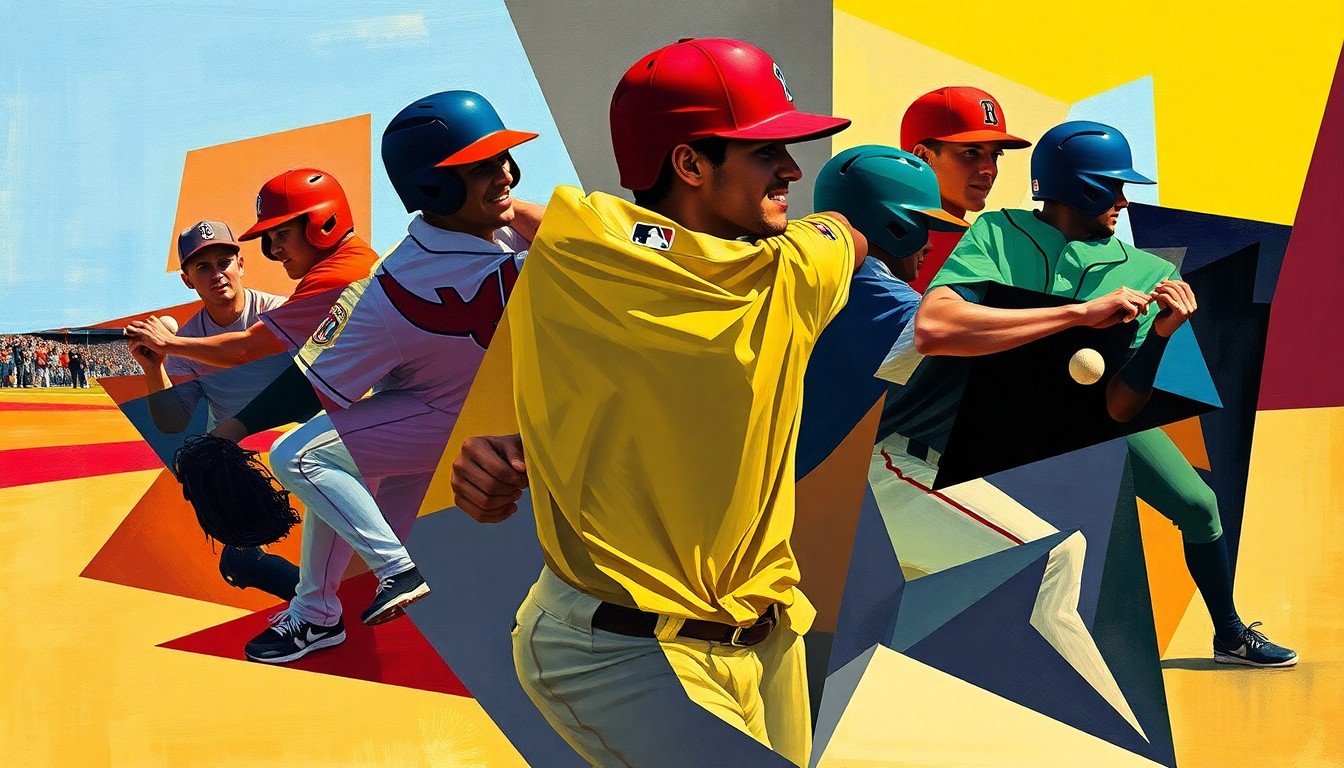 A cubist, geometric painting depicting the abstracted forms of college baseball players in motion, with overlapping angular shapes in the team's official colors.